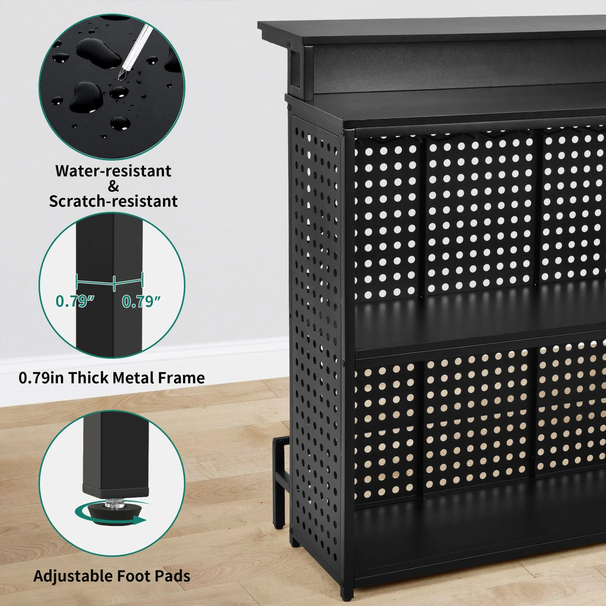 YITAHOME Mini Home Bar Unit with Music Sensing LED Light, Liquor Wine Coffee Stand w Counter Tall Bar Table Top Alcohol Storage Shelf Glasses Rack Footrest for Kitchen Pub Living Room, Black