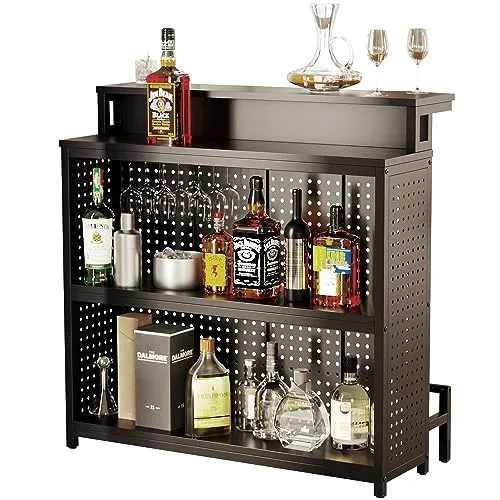 YITAHOME Mini Home Bar Unit with Music Sensing LED Light, Liquor Wine Coffee Stand w Counter Tall Bar Table Top Alcohol Storage Shelf Glasses Rack Footrest for Kitchen Pub Living Room, Black