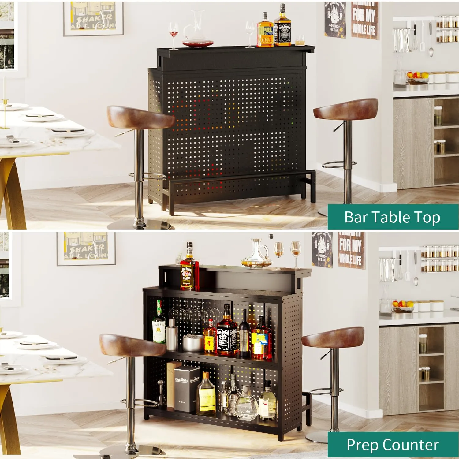 YITAHOME Mini Home Bar Unit with Music Sensing LED Light, Liquor Wine Coffee Stand w Counter Tall Bar Table Top Alcohol Storage Shelf Glasses Rack Footrest for Kitchen Pub Living Room, Black