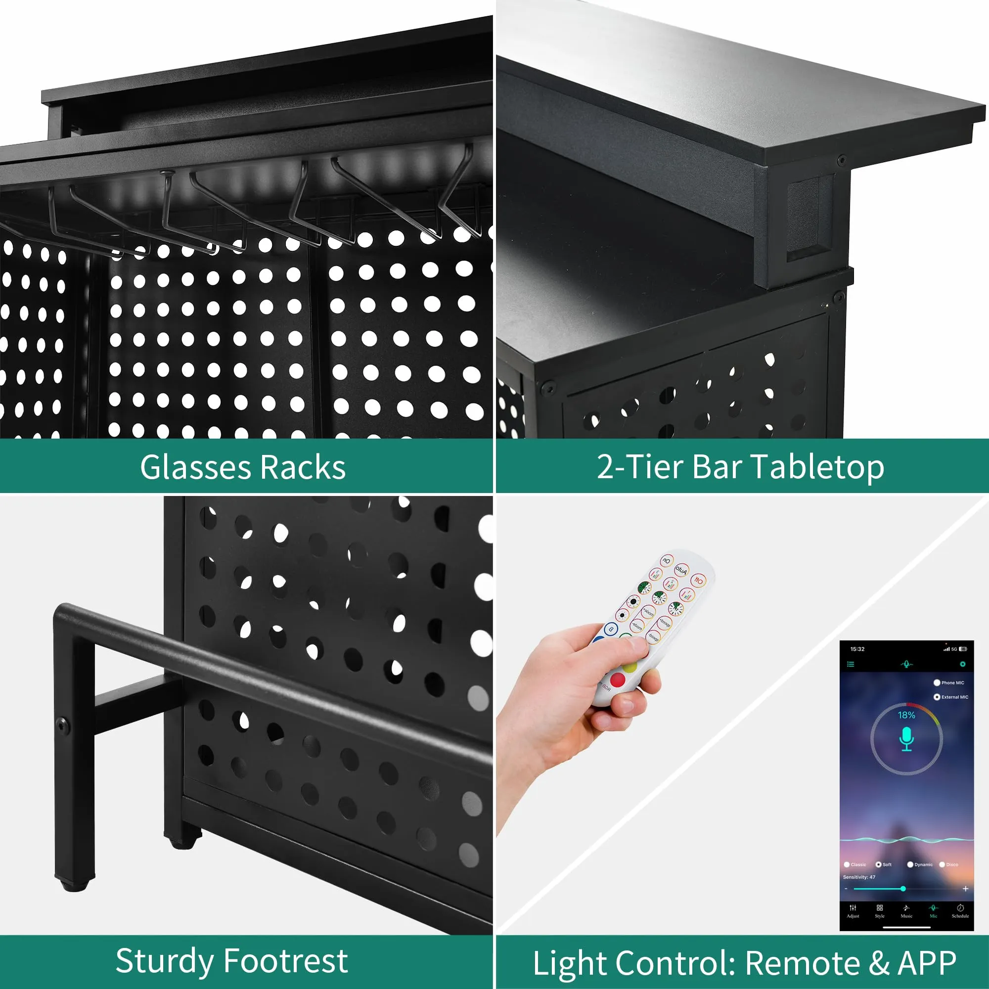 YITAHOME Mini Home Bar Unit with Music Sensing LED Light, Liquor Wine Coffee Stand w Counter Tall Bar Table Top Alcohol Storage Shelf Glasses Rack Footrest for Kitchen Pub Living Room, Black